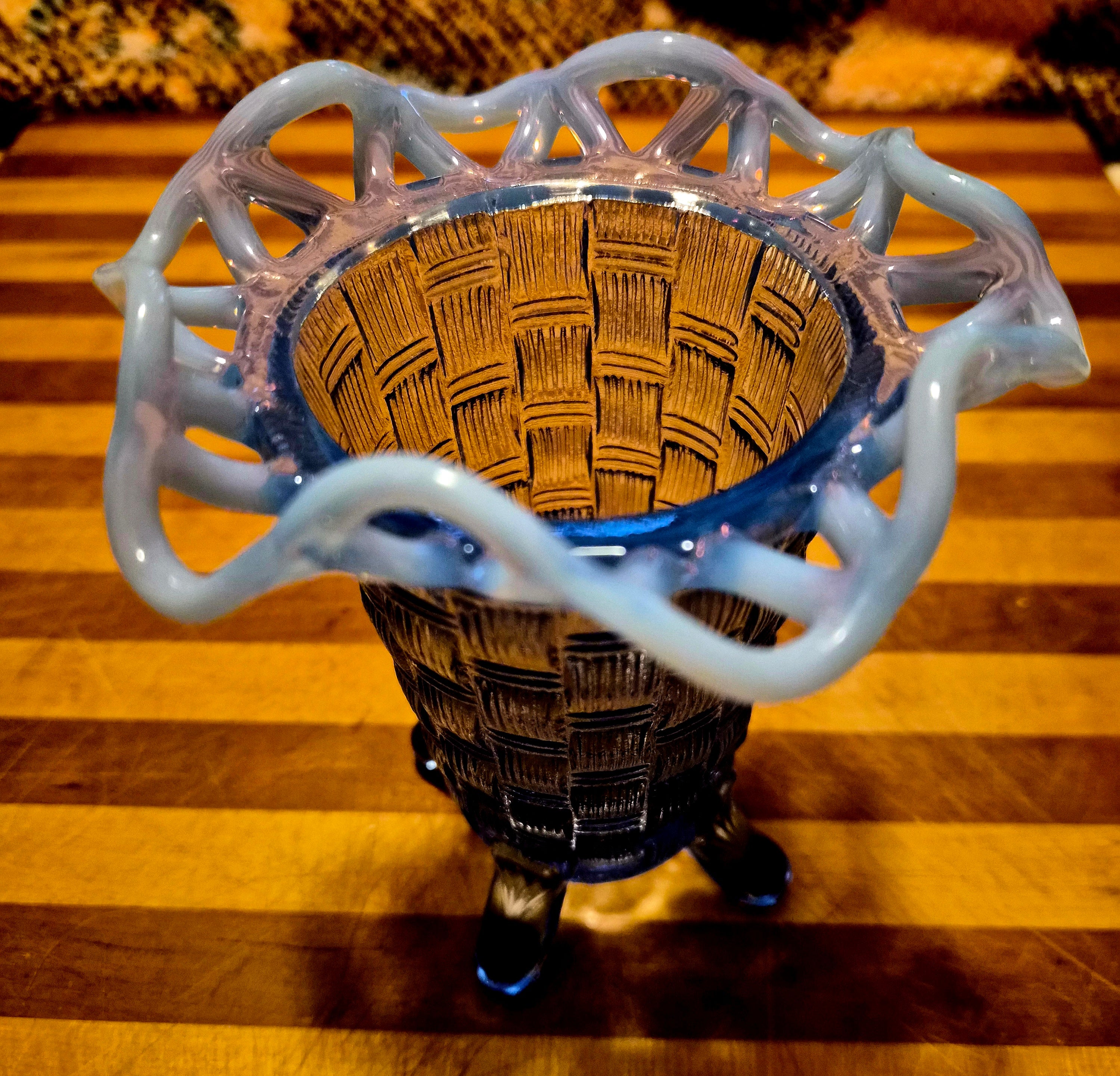 VIntage Fenton Blue Opalescent Basketweave with Open Edge 4-toed 5" Ruffled Vase