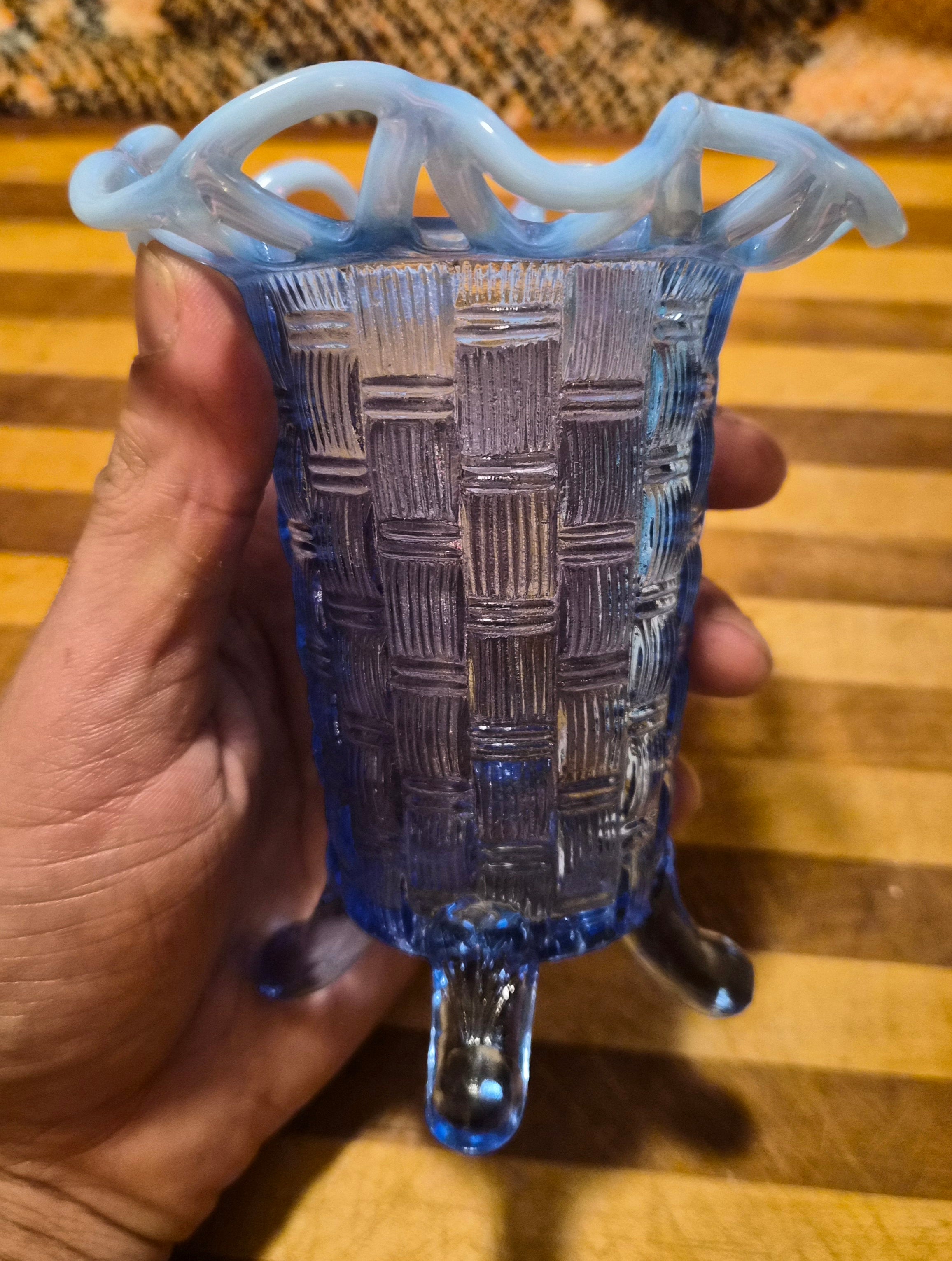 VIntage Fenton Blue Opalescent Basketweave with Open Edge 4-toed 5" Ruffled Vase