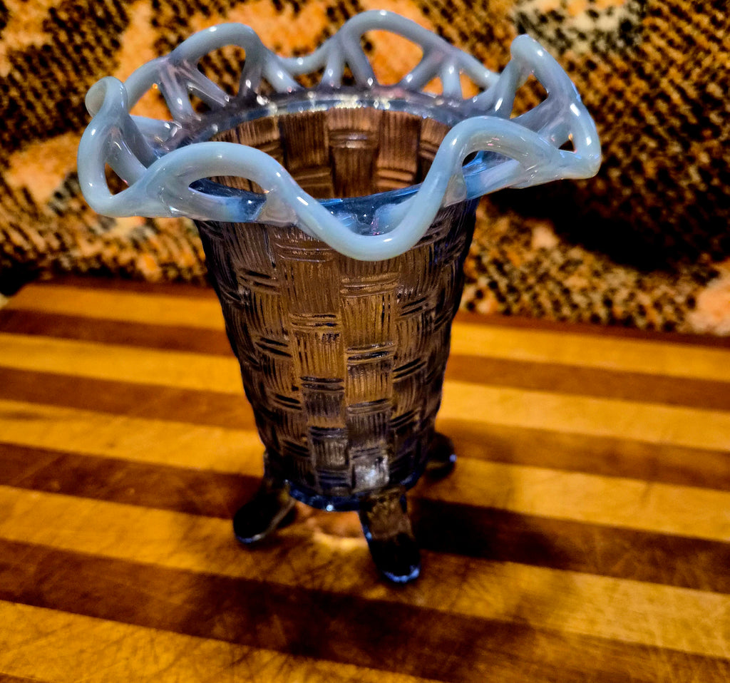 VIntage Fenton Blue Opalescent Basketweave with Open Edge 4-toed 5" Ruffled Vase