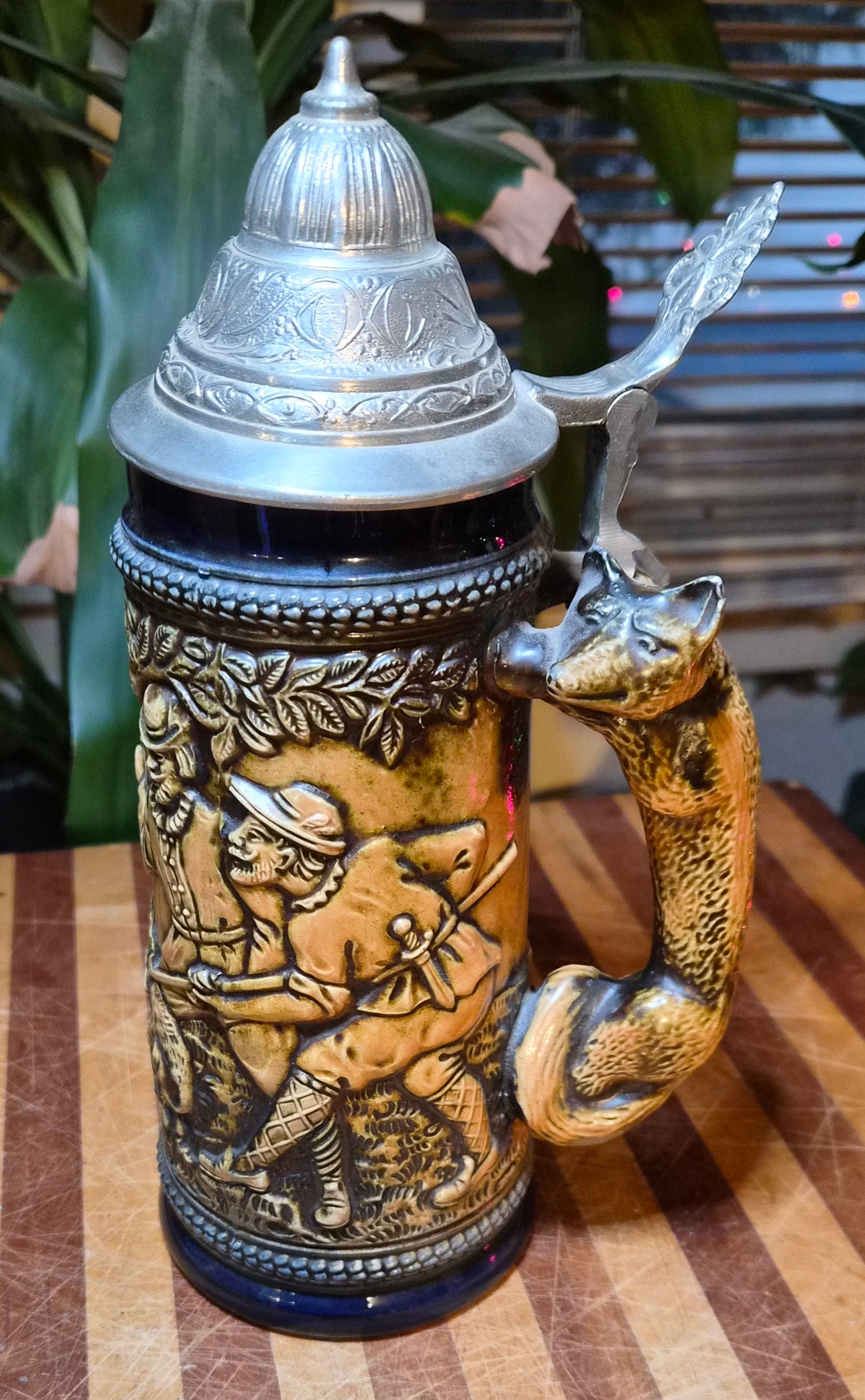 Vintage Gerz, Fox Handle, Boar Hunting Scene, Lid Covered, Ceramic Beer Stein