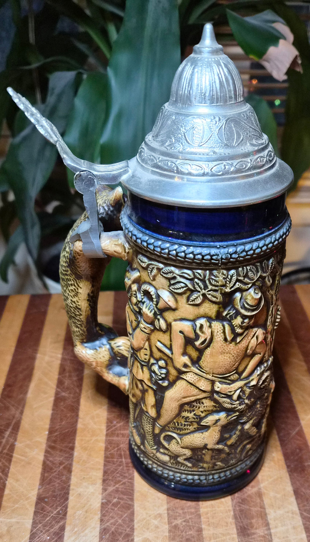 Vintage Gerz, Fox Handle, Boar Hunting Scene, Lid Covered, Ceramic Beer Stein