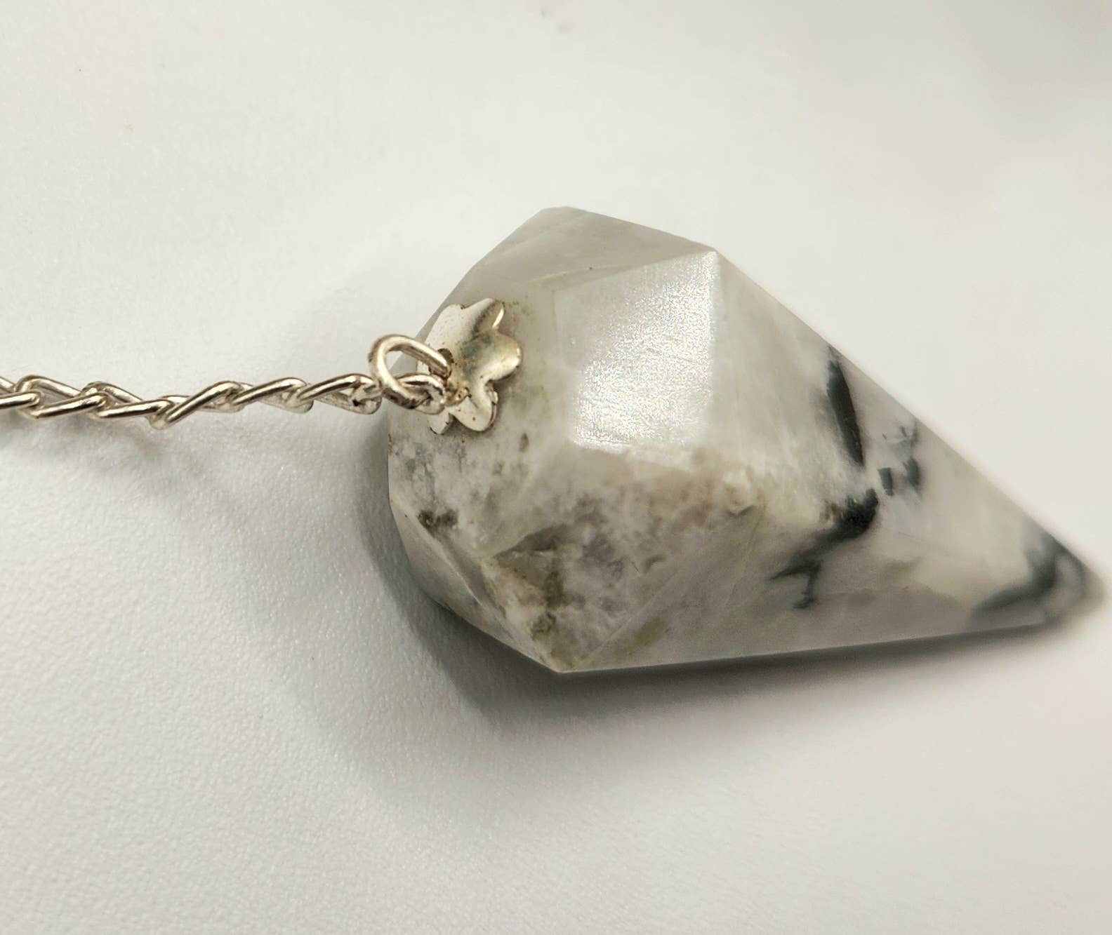 Rainbow Moonstone Gemstone Pendulum w/Silver Plated Chain