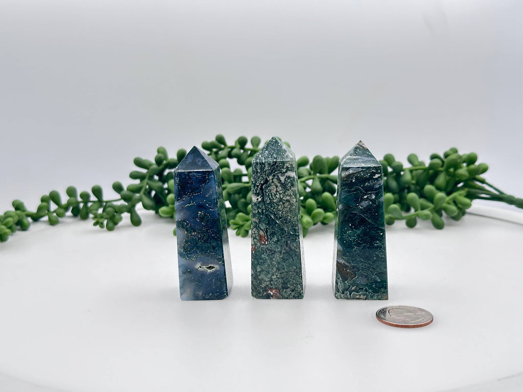 Moss Agate Gemstone Tower Obelisk 4 Faceted 7.5CM Approx