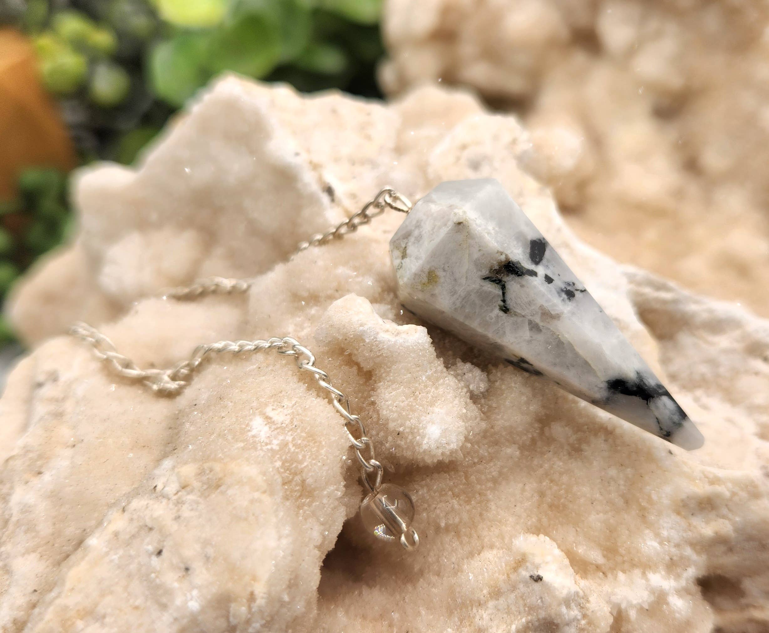 Rainbow Moonstone Gemstone Pendulum w/Silver Plated Chain